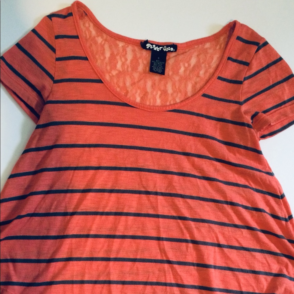 Coral and Grey Striped Lace Tee